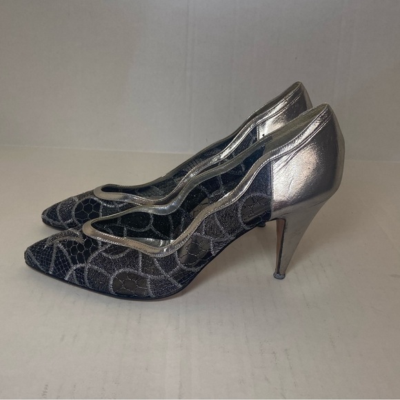 Versani women's 7.5 vintage 80's silver lace detail metallic heels EUC - Picture 1 of 10